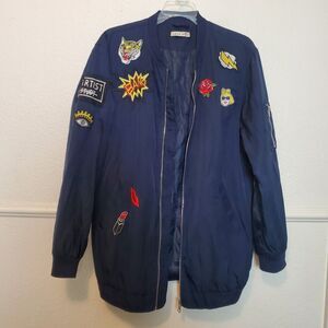 Laura Jo Bomber Jacket With Patches Full Zip Long Sleeves Navy Blue Lined Flaws